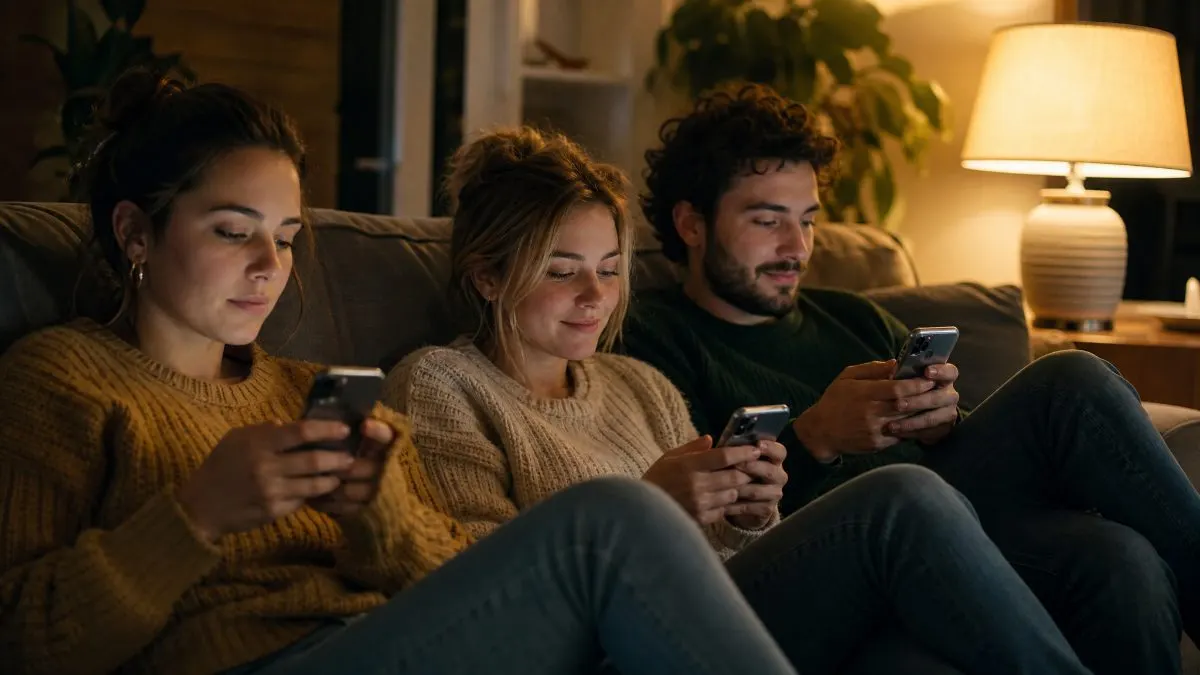 Friends on a couch in the evening, each on their phone — exactly where a hiring campaign reaches them