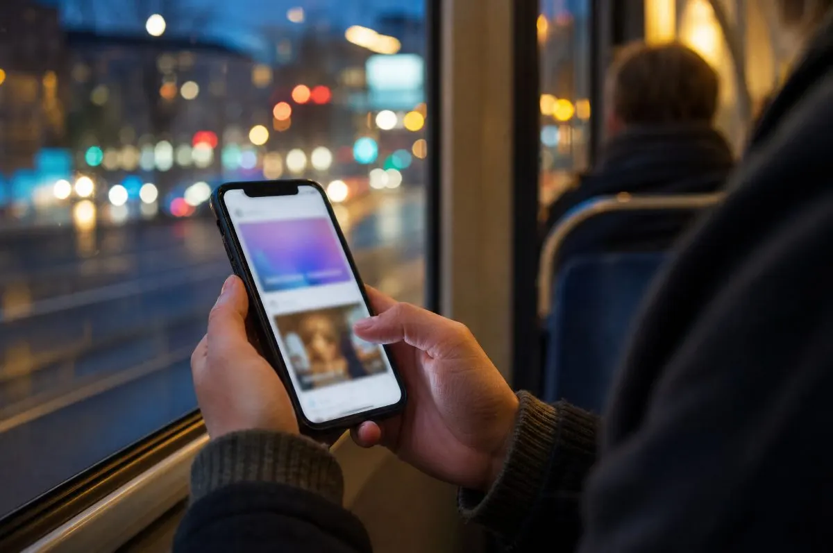Cestující v tramvaji večer prochází příspěvky na mobilu